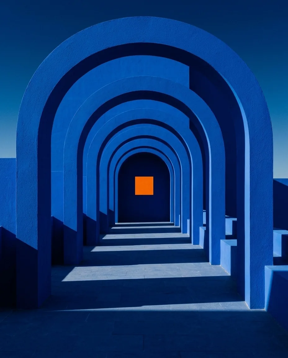 Pasillo de arcos azules con un cuadrado naranja al fondo