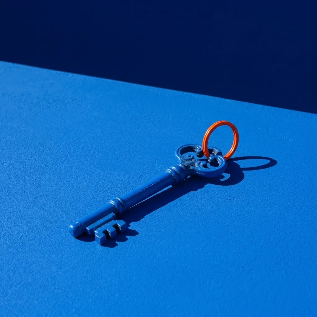Llave azul con una anilla naranja sobre un fondo azul