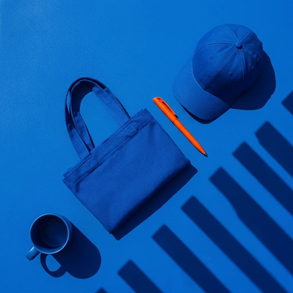 Taza, bolsa y gorra azules con un bolígrafo naranja