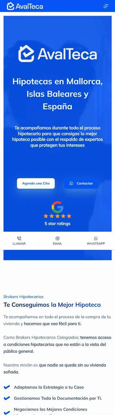 Web de AvalTeca en móvil, página completa