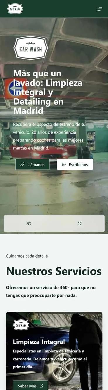 Web de Carwash ESP en móvil, página completa